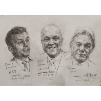 Chi Zhang sketch for New Zealand elected coalition leaders Christopher Luxon, Winston Peters and David Seymour, Chi Zhang sketch